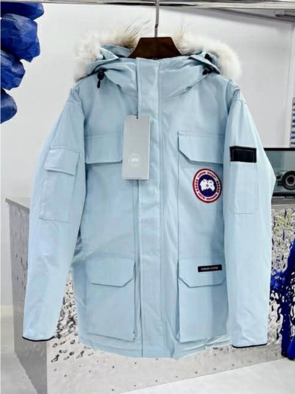 Canada Goose Light Blue Puffer Parka with Fur-Trim Hood